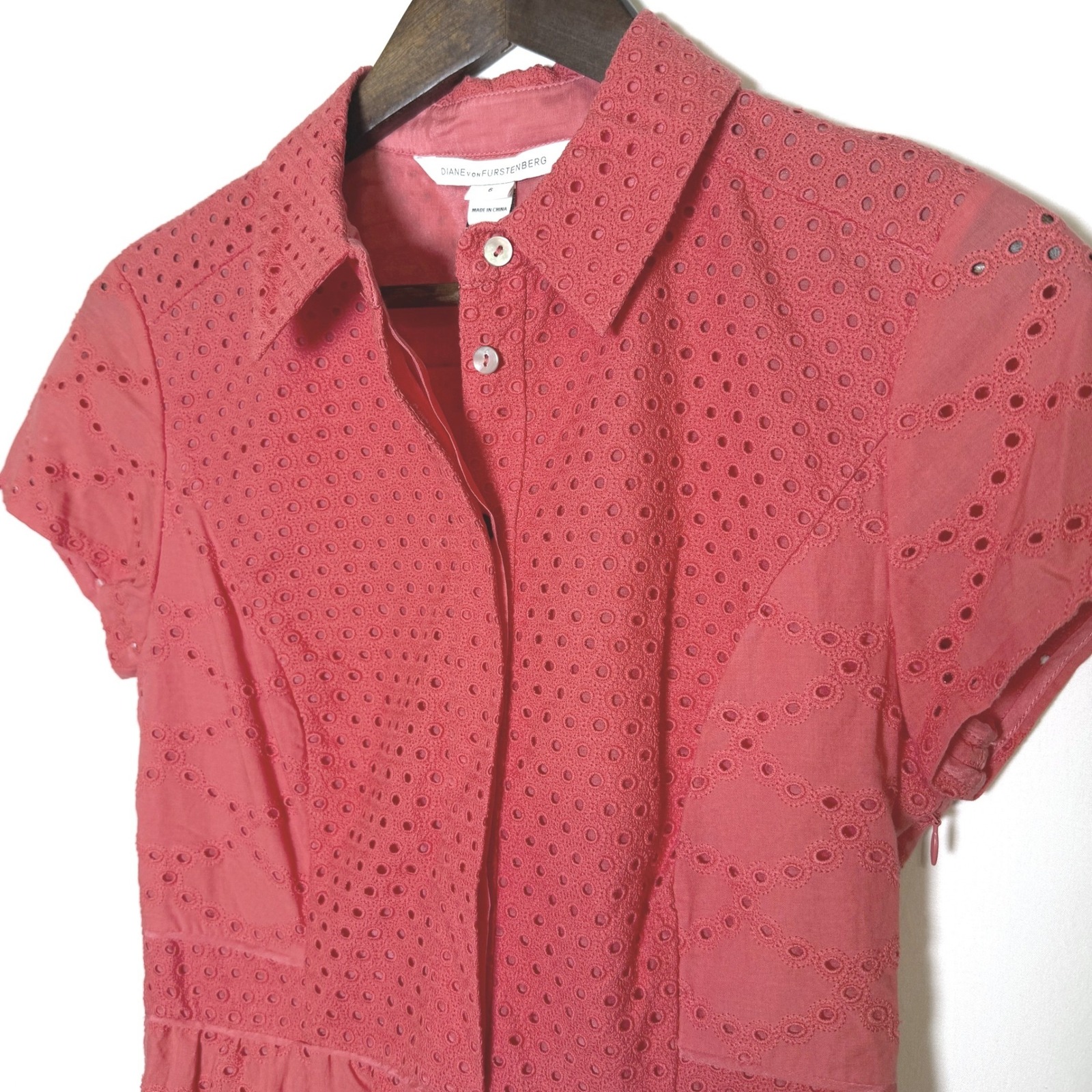 Diane Von Furstenberg Skylar Eyelet Shirt Dress Ocean Coral Pink Size 6